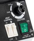 Control panel of Heavy Duty Eyeglasses Frame Heater With Fully Adjustable Temperature Settings displaying heat and fan controls.