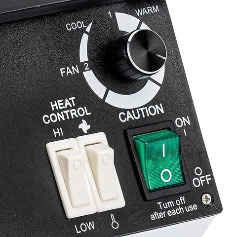 Control panel of Heavy Duty Eyeglasses Frame Heater With Fully Adjustable Temperature Settings displaying heat and fan controls.