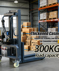 Heavy Duty Electric Pallet Stacker With Wireless Remote Control 661 Lb Capacity 4 Foot Lift Height And Adjustable Forks in warehouse with boxes.