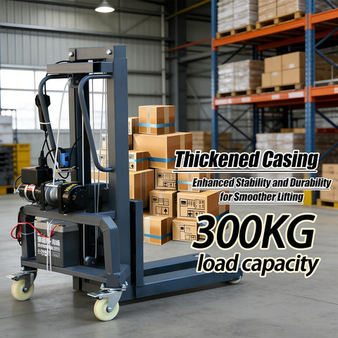 Heavy Duty Electric Pallet Stacker With Wireless Remote Control 661 Lb Capacity 4 Foot Lift Height And Adjustable Forks in warehouse with boxes.
