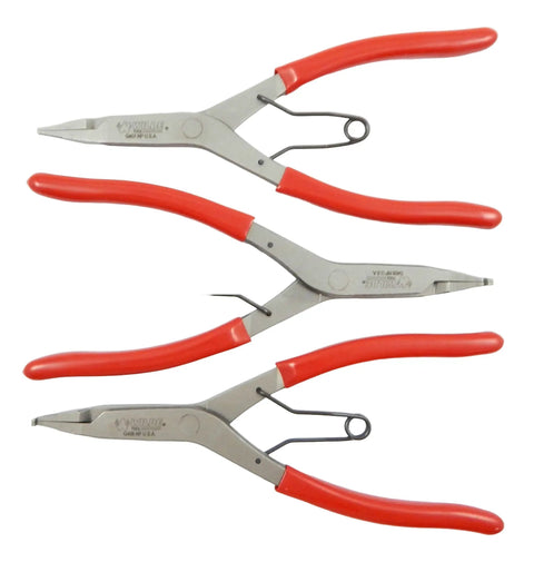 Lock Ring Pliers Set 9 Inch 3 Piece With Straight Right Angle And Thin Bent Curved Tips Made in USA Red Grips Smooth Spring Action