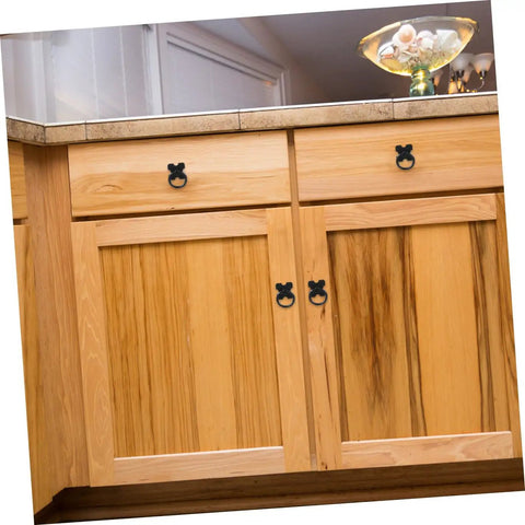 Cabinet with black round drop ring pull handles, wood texture detail, showcasing Black Round Drop Ring Cabinet Pull Handles 4 Pack Vintage Antique Drawer Pulls For Bookshelf Wardrobe And TV Cabinets Built To Last Durable Zinc Alloy Hardware With Smooth Black Finish Anti Rust Wear Resistant Easy To Install.