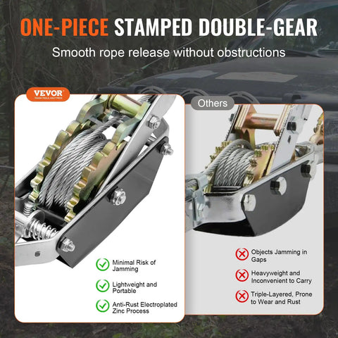 Come Along Winch 2 Ton Pulling Capacity With 12 Feet Steel Cable Dual Gear Beefy Built Ratchet Power Puller Tool With Two Hooks For Automotive Hoist And Vehicle Rescue, one-piece stamped gear