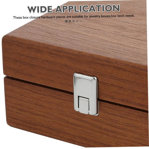 Close-up of a wooden box with a metal latch from 8 Pack Locking Latches For Boxes Sturdy Metal Cold Rolled Steel Wood Box Clasps Easy Install Lockable Draw Latch Handy For DIY Projects Crafts And Storage Solutions.