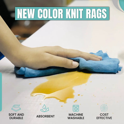 Person using blue cotton knit cleaning rag to wipe a liquid spill, promoting new color knit rags, absorbent and machine washable.