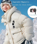 Secure Eyeglass Holder Clip For Clothes attached to white winter jacket outdoors