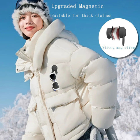 Secure Eyeglass Holder Clip For Clothes attached to white winter jacket outdoors