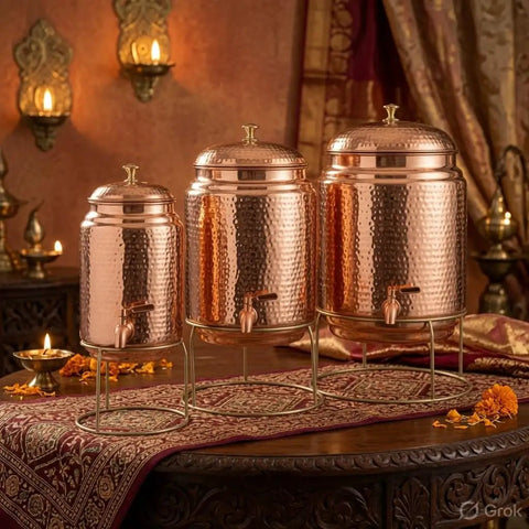 Three copper water dispensers with hammered finish and joint free body, brass stands and taps, 5 liter capacity, displayed on table