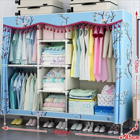 Heavy Duty Portable Hanging Closet With Rock Solid Steel Pipe Frame And Thick Canvas Cover No Sweat Quick Setup Roomy Bedroom Storage Cabinet For Clothes And Gear Blue Extra Space Organizer, 170x45x170cm.