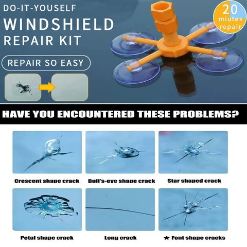 Windshield Repair Kit With Glass Repair Fluid 4 Piece Set for chips and cracks featuring star shaped cracks repair tool.
