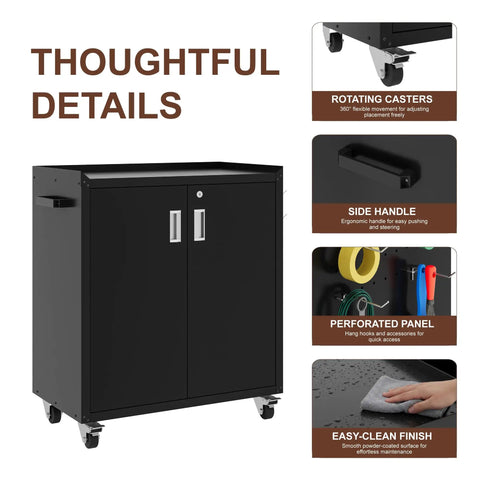 Top Shelf Metal Storage Cabinet With Heavy Duty Rollers Lockable Rolling Tool Chest For Garage And Shop Smooth Riding Casters And Adjustable Shelving In Matte Black