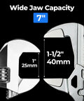 7-Inch Chrome Plated Pliers Wrench With CR-V Steel open jaws, showing 1" and 1-1/2" wide jaw capacity on black background