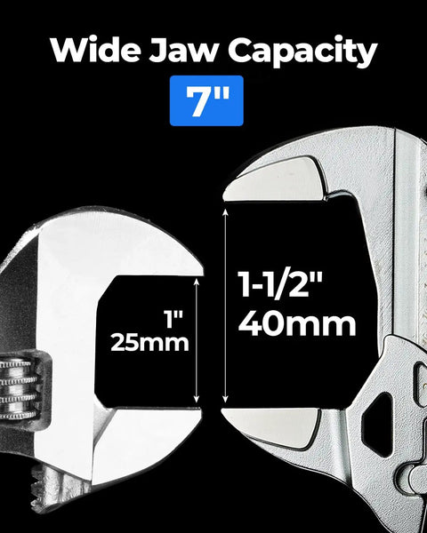 7-Inch Chrome Plated Pliers Wrench With CR-V Steel open jaws, showing 1" and 1-1/2" wide jaw capacity on black background