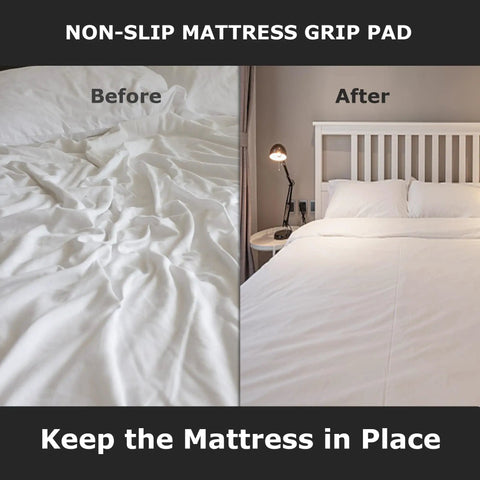 Before and after of No Slip Rug Pad Grippers 5x6.5 Ft For Hardwood Floors And Tile showing mattress grip improvement.