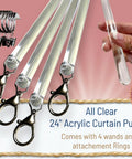 24 Inch Clear Acrylic Curtain Pull Wand Set of 4 for Easy Drapery Access, Ultra-Clear, Durable 1/2 Inch Diameter Rod Tip Wands, Smooth Operation, Weather-Resistant Curtain Hardware Upgrade, 4-pack with rings