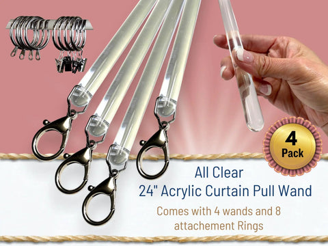 24 Inch Clear Acrylic Curtain Pull Wand Set of 4 for Easy Drapery Access, Ultra-Clear, Durable 1/2 Inch Diameter Rod Tip Wands, Smooth Operation, Weather-Resistant Curtain Hardware Upgrade, 4-pack with rings