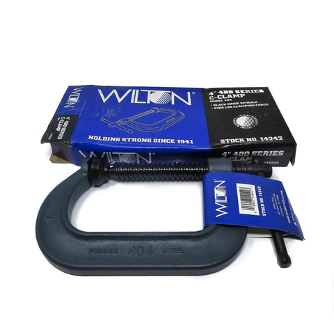 Beefy C Clamp With Four And A Quarter Inch Opening And Three And A Quarter Inch Throat, 6200 Lb Clamping Force, Drop-Forged Frame, Smooth ACME Spindle, V-Groove Anvil, Black Oxide Finish, Model 404, boxed