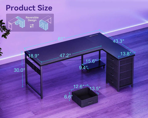 L Shaped Gaming Desk With Four Drawers And Power Outlets For Home Office 61 Inch Corner Desk With USB Charging Port dimensions
