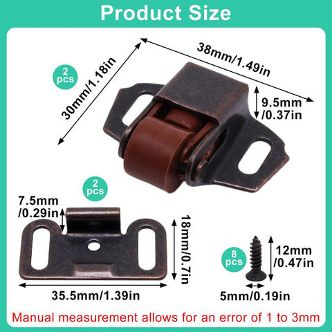 2 Pack Mailbox Roller Catch Latch Kit With Screws For Door Repair Cabinets Furniture Closets RVs Campers Antique Red Durable Spring Loaded Nylon Rollers Easy Install Mounting Hardware with size details