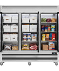 Built Different Commercial Reach In Upright Freezer With Three Solid Doors 72 Cubic Feet showcasing organized food storage and adjustable shelves.
