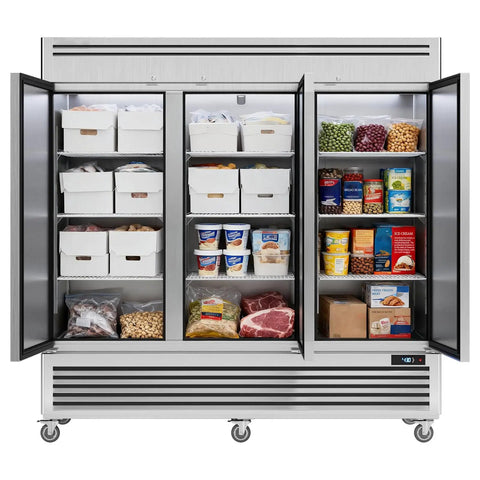 Built Different Commercial Reach In Upright Freezer With Three Solid Doors 72 Cubic Feet showcasing organized food storage and adjustable shelves.