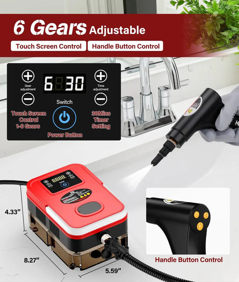 Supercharged 1500W Steam Cleaner with 1.2L Tank and 10s Heat Up delivers 221 Degrees High Pressure Steam with control display.