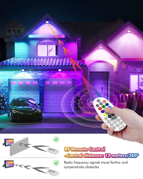 Hand using remote to change colors on 35W RGBW LED Flood Lights 3500LM Outdoor Security Floodlights IP66 on house facade at night