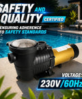 Built Like A Tank Dual Speed In Ground Swimming Pool Pump And Spa Hot Tub Filter Rig 1.75HP 230V showing safety standard certification.