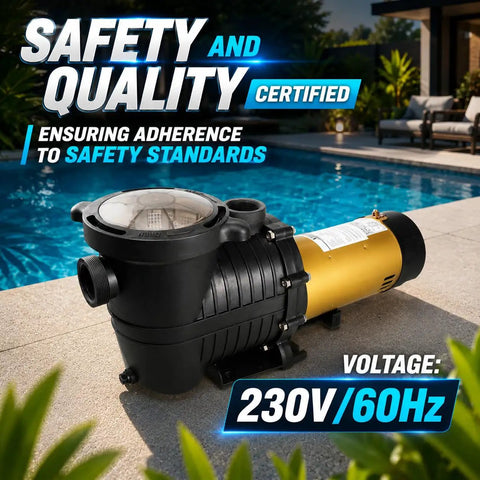 Built Like A Tank Dual Speed In Ground Swimming Pool Pump And Spa Hot Tub Filter Rig 1.75HP 230V showing safety standard certification.