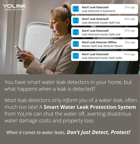 Person viewing SMS alerts from Smart Home Starter Kit With Hub And Three Water Leak Sensors, LoRa Range Up To One Quarter Mile Open Air