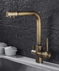 360-Degree Rotating Antique Bronze Kitchen Faucet Water Purifier 3-Way Dual Filter Tap stylish dual-spout design on black wall.