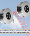 Heavy duty stainless steel gate rollers with V groove design for smooth sliding on barn door tracks. Two rollers in front of crane background.