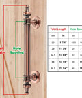 Heavy Duty Antique Barn Door Handle Kit With Red Copper Finish, Stainless Steel Sliding Door Pulls, 25 cm length, measurement diagram.