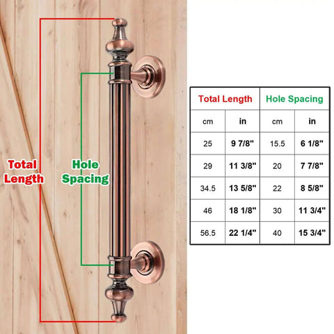 Heavy Duty Antique Barn Door Handle Kit With Red Copper Finish, Stainless Steel Sliding Door Pulls, 25 cm length, measurement diagram.