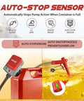 Heavy Duty Fuel Transfer Pump With Auto Stop And 3.2 GPM Quick Flow Rate, showcasing auto-stop sensor and nozzle on red gas can.