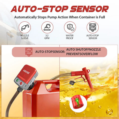 Heavy Duty Fuel Transfer Pump With Auto Stop And 3.2 GPM Quick Flow Rate, showcasing auto-stop sensor and nozzle on red gas can.