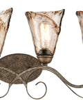 Retro Vintage Four Light Wall Lamp For Bathroom Vanity With Amber Glow Glass Shade Scroll Arm Design In Golden Bronze Finish