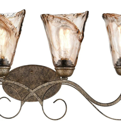 Retro Vintage Four Light Wall Lamp For Bathroom Vanity With Amber Glow Glass Shade Scroll Arm Design In Golden Bronze Finish