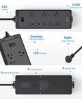 Diagram of 15ft Flat Plug Power Strip Surge Protector With 6 Outlets And 2 USB Ports, 1080 Joules, Wall Mount Charging Station, Black.