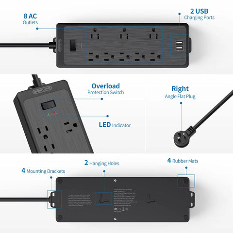 Diagram of 15ft Flat Plug Power Strip Surge Protector With 6 Outlets And 2 USB Ports, 1080 Joules, Wall Mount Charging Station, Black.
