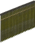 Close-up of 28 Degree Framing Nails Wire Weld 3 Inch By 0.120 Inch showing smooth shank and green coated finish