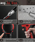 Upgraded Brushless Cordless Rivet Gun Tool Compatible With Milwaukee 18v Battery Includes Three Sizes Aluminum Rivets And Bright LED Light For Daily Workhorse Tasks No Battery Included Red with step-by-step usage instructions.