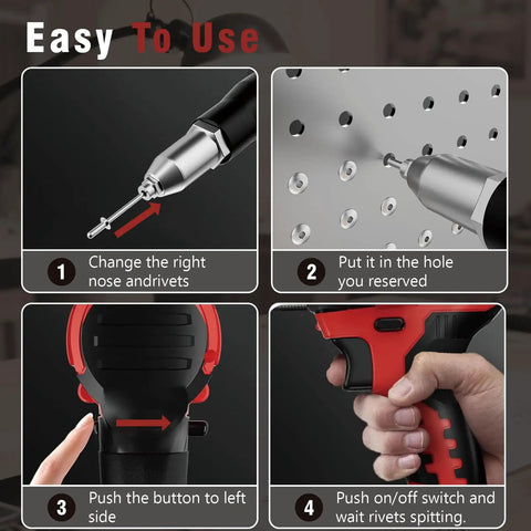 Upgraded Brushless Cordless Rivet Gun Tool Compatible With Milwaukee 18v Battery Includes Three Sizes Aluminum Rivets And Bright LED Light For Daily Workhorse Tasks No Battery Included Red with step-by-step usage instructions.