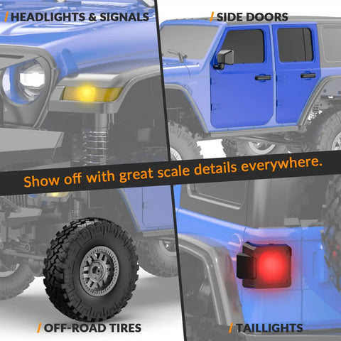 RCS24 1/24 Off Road RC Truck 4x4 Crawler With Bright Headlights Waterproof RTR Blue showcasing headlights, doors, tires, and taillights
