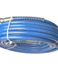 Badass 50 Foot Airless Paint Spray Hose Built Like A Tank For 8500 Psi High Pressure Handling With Ultra Flexible Dual Braided Nylon Core, blue coiled hose.