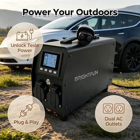 Plug And Play 3KW V2L Power Adapter Gun For Tesla Model 3 Y S X With Clear Lcd Display And Heavy Duty Battery Guard on grass with Tesla.