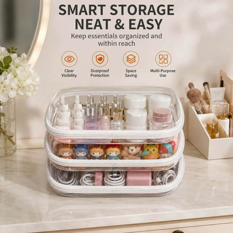Three Pack Super Sized Clear Hard Shell Zipper Travel Cases For Makeup Cosmetics Toiletries Toys And Gear With Hella Room, stacked with colorful holders.