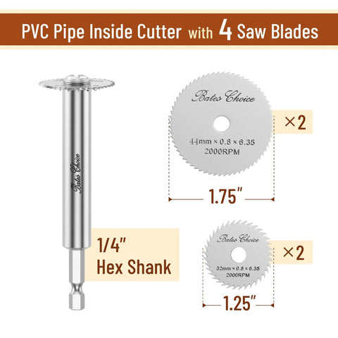 Inside PVC Pipe Cutter With Four Saw Blades, 1/4 Inch Hex Shank, handles 1-1/4 inch to 1-3/4 inch diameters, front view.