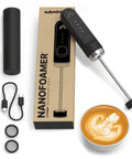NanoFoamer Lithium Milk Frother USB C Rechargeable Dual Speed Stainless Steel IP4 Waterproof shown with accessories, box, and latte art.