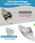 Garage Door Hardware Kit Replacement For 16x7 And 18x7 Doors With Premium White Nylon Rollers Heavy Duty 14 GA Hinges showing 14GA steel hinge close-up
